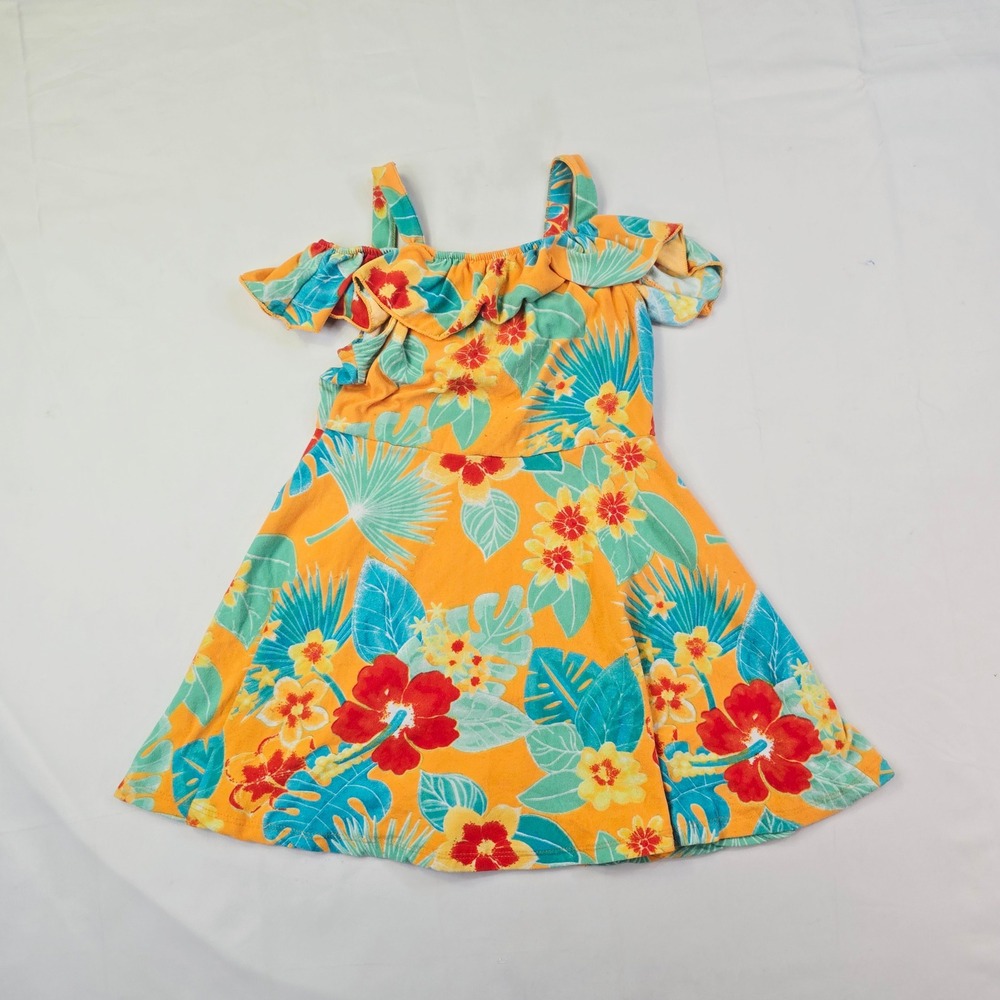 Unbranded Girls Tropical Cold Shoulder Dress 3T Orange Floral Ruffle Summer